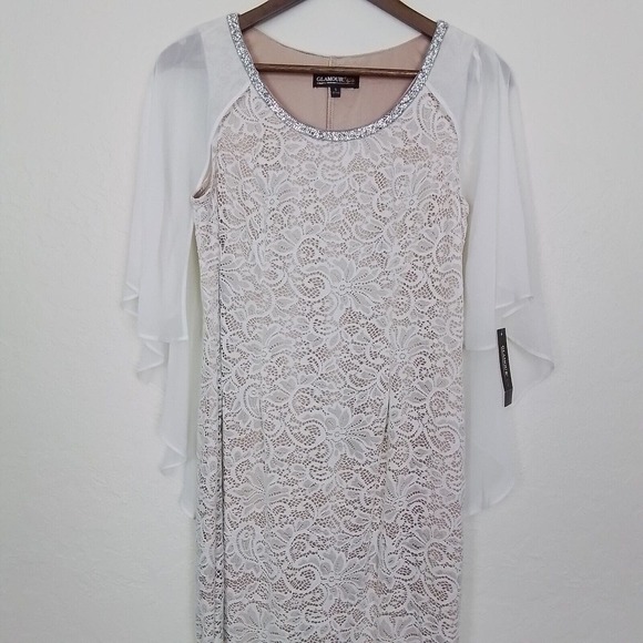 Glamour Nights White Size 6 Round Neck Lace Side Slit Midi Dress Flutter Sleeve - Picture 5 of 13